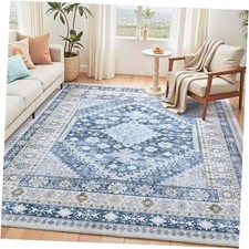 5x7 Blue Area Rugs, Washable Living Room Rug, Vintage Boho Carpet, Non Slip 