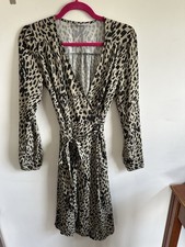 Leopard Print Wrap Dress Beige Black Tie Waist V-Neck Long Puff Sleeve Knee