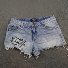 Ed Hardy Shorts Womens 26 Blue Denim Cutoff Born Free Tattoo Graphic Frayed Hem