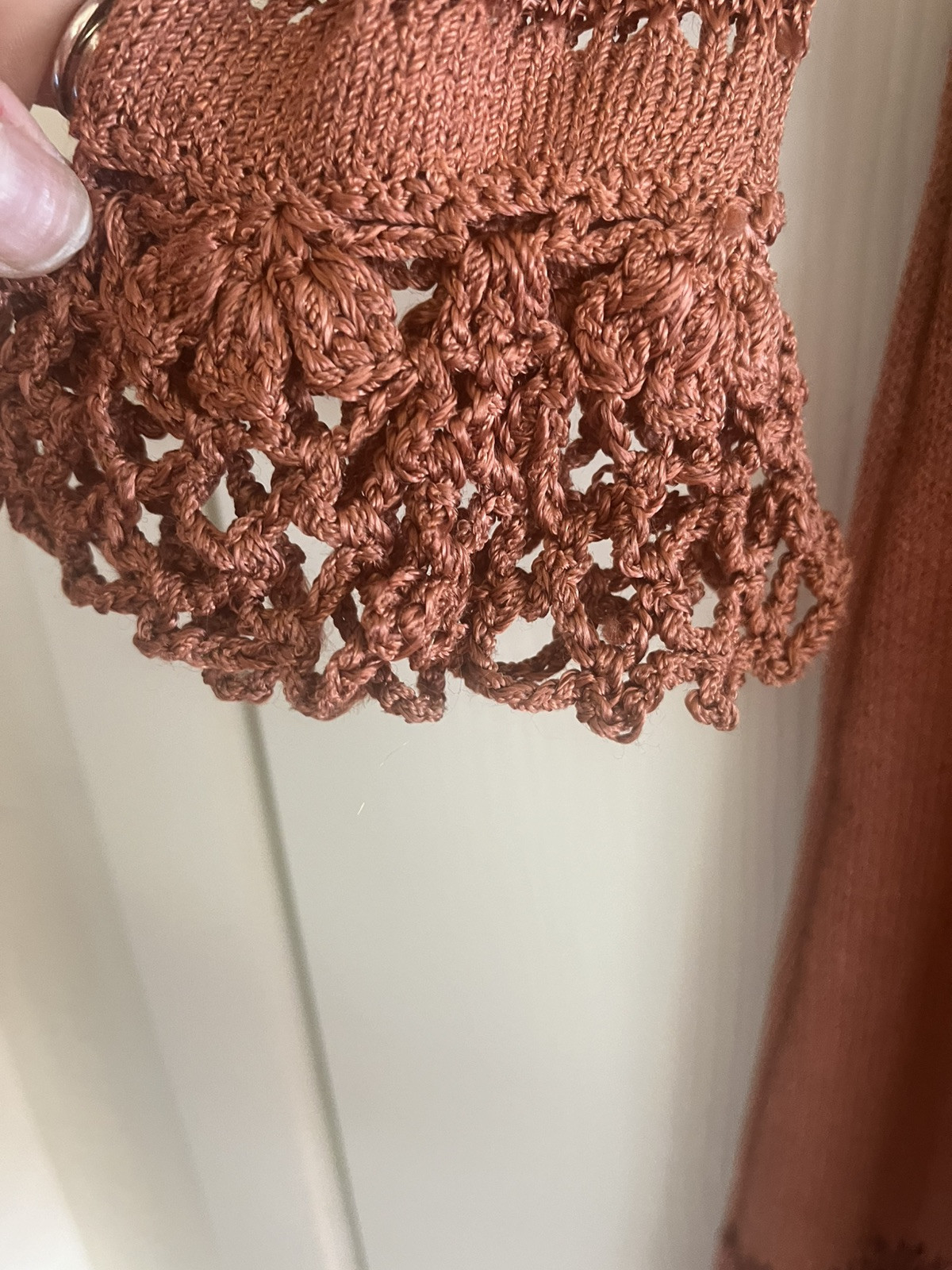 VTG 70s Crochet Edwardian Victorian Boho Pumpkin Fall Photo Hippie Midi Dress S