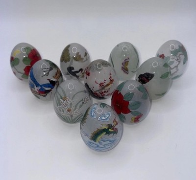 Vintage Lot 10 Chinese Inside Painted Glass Eggs Hand Blown Frosted Asian Art 2''