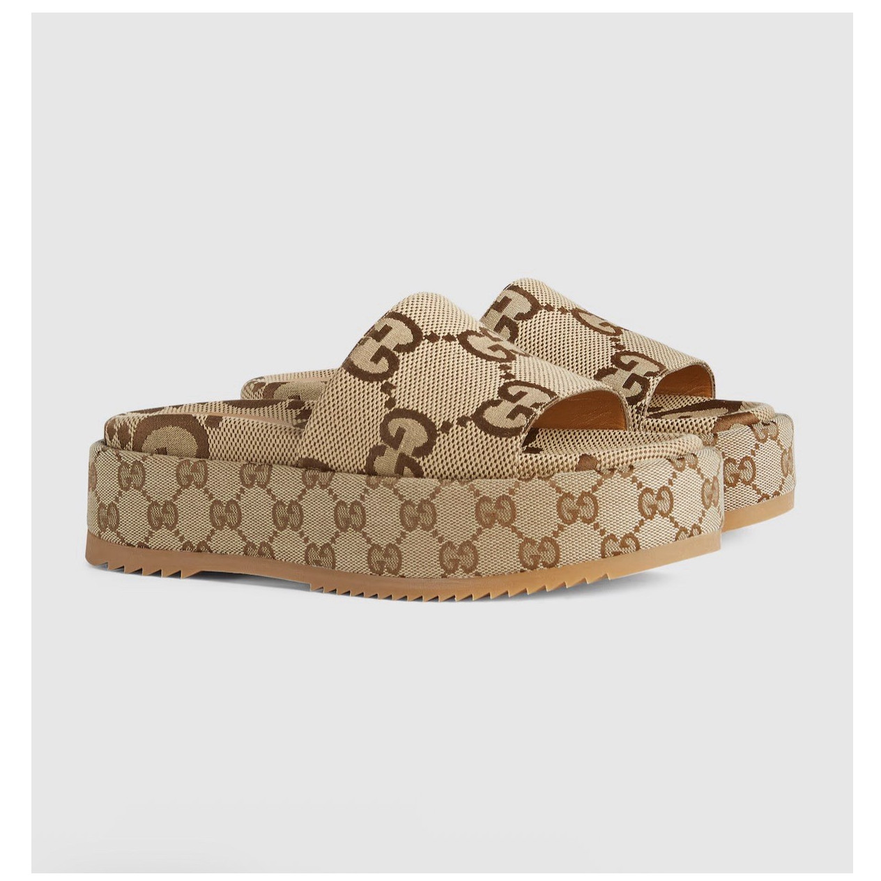 Gucci GG Logo Platform Slide Sandals Beige Brown Fabric Comfort