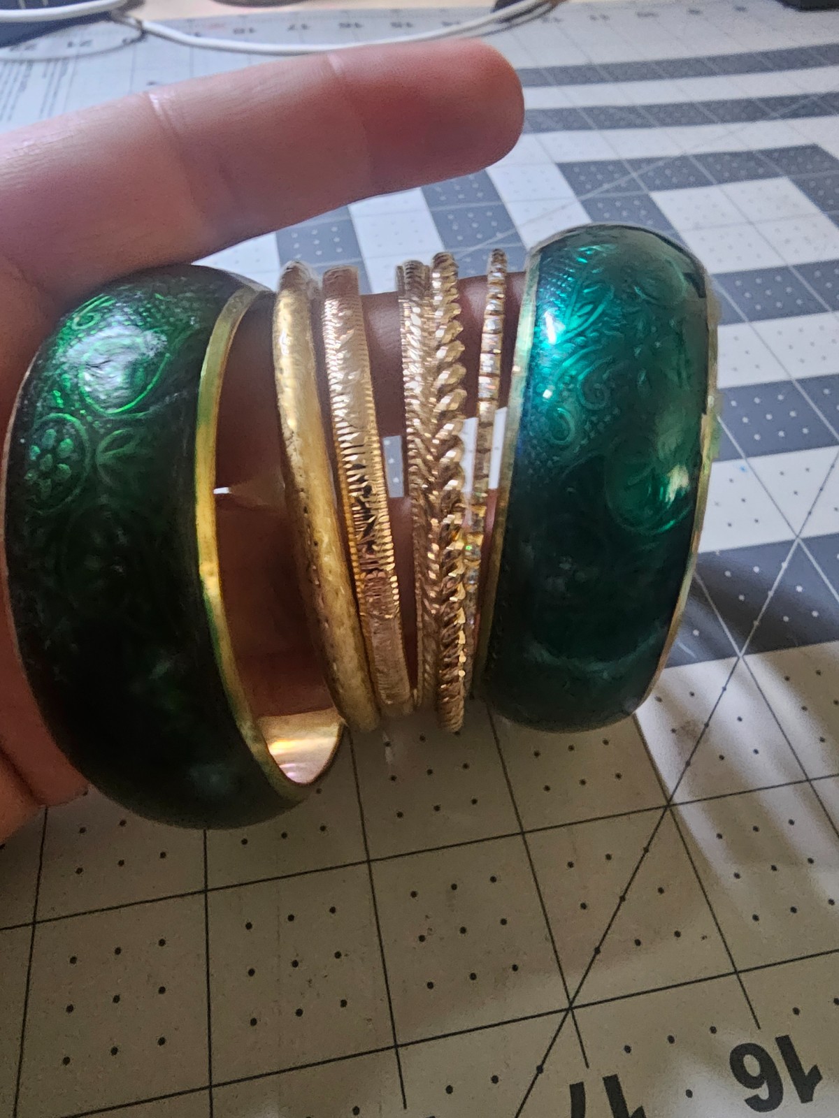Green enamel brass bangle stack lot - image 1