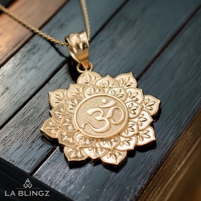 14K Yellow Gold Om Lotus Mandala Pendant Necklace