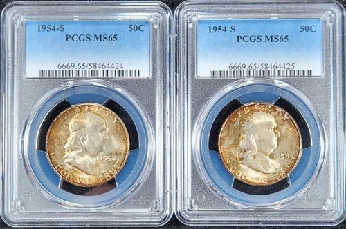 Lot of (2) 1954-S Franklin 50 Cents Half Dollar | PCGS MS65 Gem BU