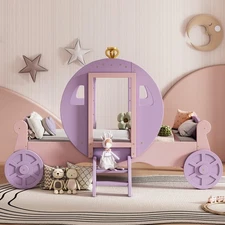 Twin size Princess Carriage Bed with Crown, Stair, Wood Platform Car Bed, Purple