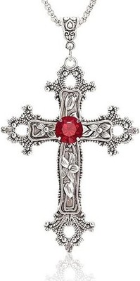 Large Gothic Cross Pendant Necklace with Red Glass Stone for Men Women
