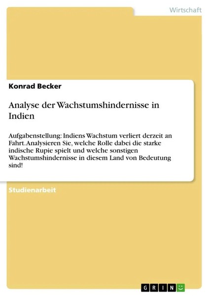 Konrad Becker | Analyse Der Wachstumshindernisse In Indien | Taschenbuch (2009)-image