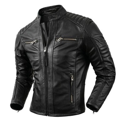 Men's Real Leather Bikers Jacket Quilted Panels Cafe Racer Jacket