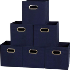 Fabric Storage Bins 6 Pack   Navy, Foldable  Stackable with Grommet Handles