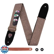 Melede Guitar Strap 100% Soft Cotton Genuine Leather Ends Strap with Pick Poc