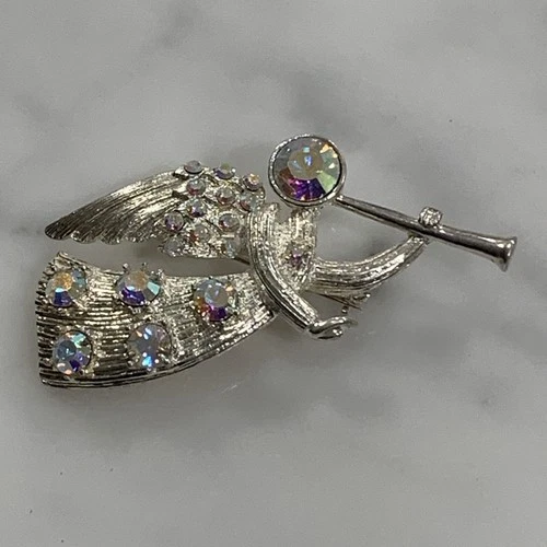 VTG Eisenberg Ice Angel Trumpet Aurora Borealis Crystals Brooch Silvertone 6cm