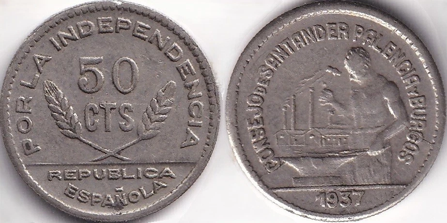 50 Centimos 1937 Espagne Spain Santander Palencia Burgos Forgeron / Epis de blé - Photo 1/1