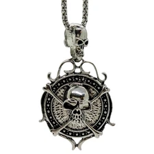 Seven Seas Pirates Double Skull Jolly Roger Stainless Steel Necklace Pendant