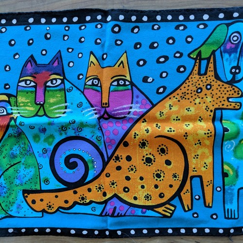 Vtg Laurel Burch Silk Scarf Dogs Puppies Cats Kittens Bright Whimsical Rectangle - Picture 1 of 9