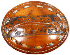vintage hand tooled saddle leather western belt buckle acorn oak tree leaf