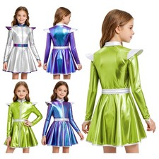 Girls Shiny Metallic Alien Costume Long Sleeves Zip Up A-line Dress Halloween