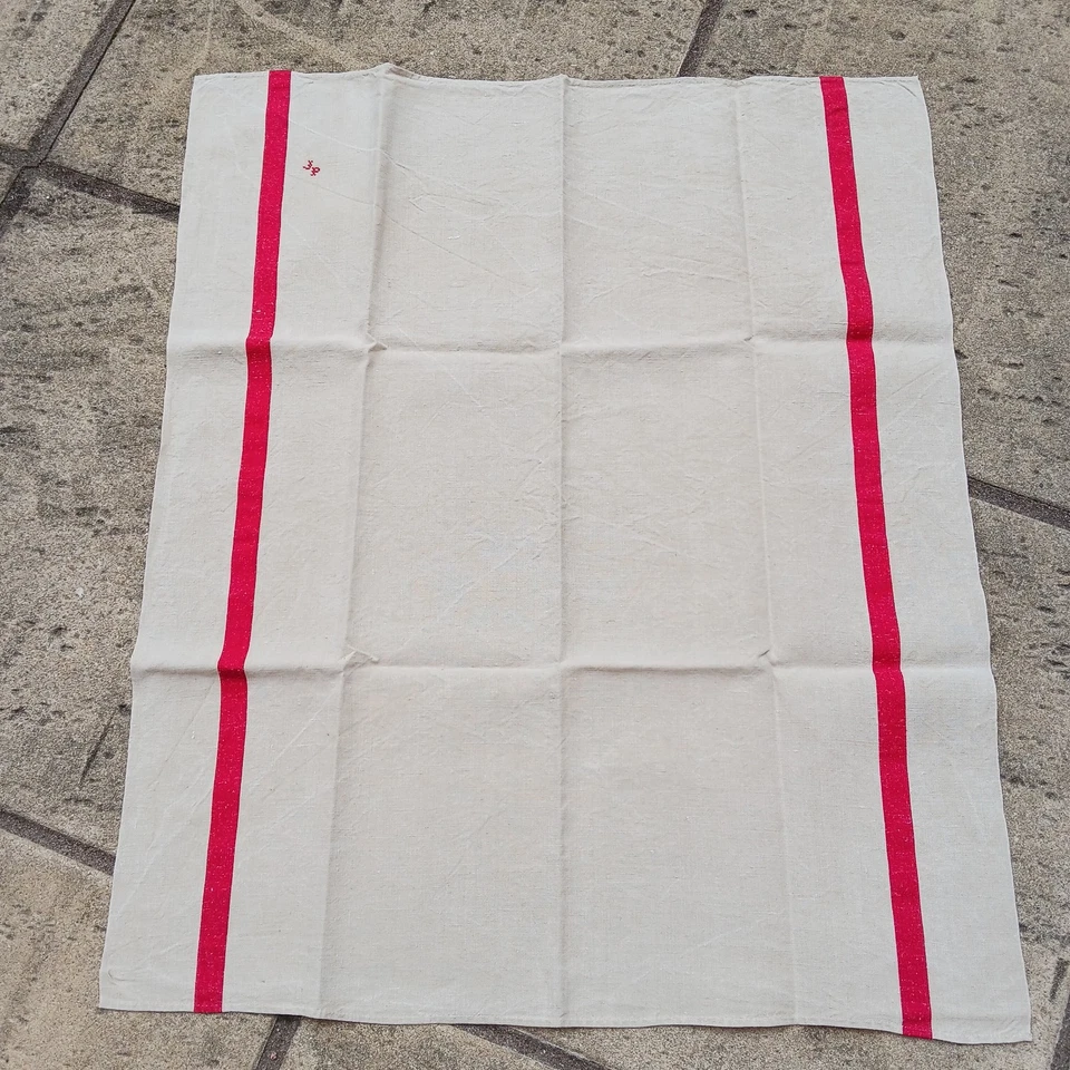 Lot de 4 grands Torchons anciens pur lin liteau rouge TBE -66 x 86 cm - Photo 3/4
