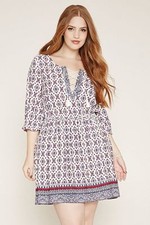Forever 21 Plus Multi Color 3/4 Sleeves boho Ornate Lace Up Print Dress 1X