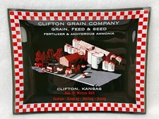 Amber Glass Ashtray Advertising Grain Company Red & White Checkered Border