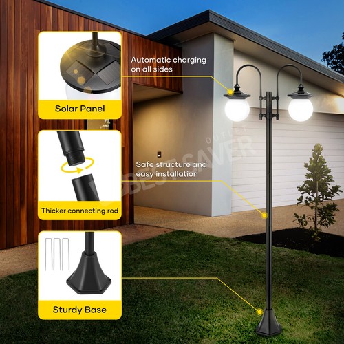 Outdoor Garden Lamp Post Light Solar Power Twin Head Patio Pathway Street Light - Picture 8 of 12