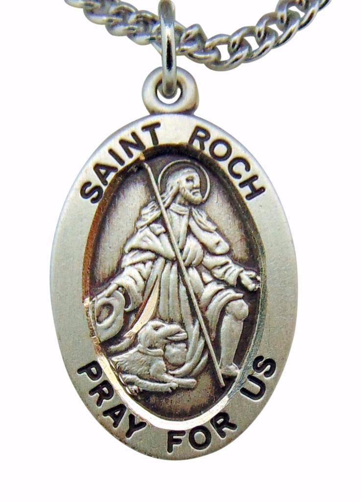 Saint Roch Oval Sterling Silver 7/8" Medal w/ 20" Chain Boxed Made in ...