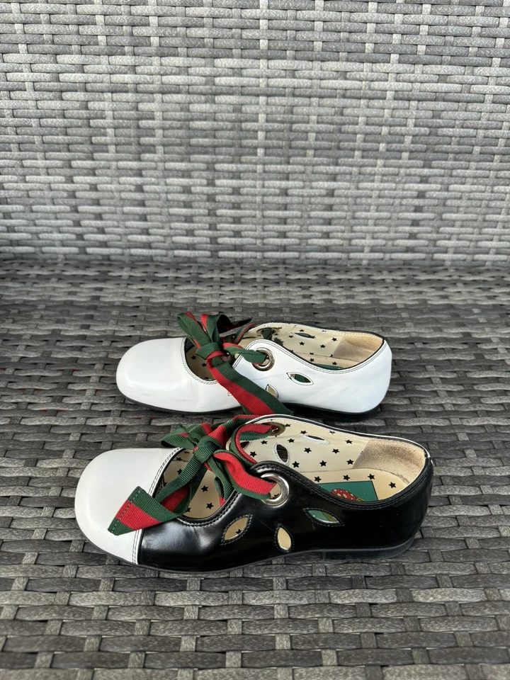 Authentic Gucci Girl Kids Bow Black White Mary Jane Ballet Flats Sandal Shoes 32 - Image 4 of 4
