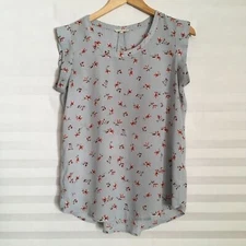 Pleione Womens Blouse Top Size S Pull Over Cap Sleeve Blue Floral Print