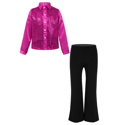 Boys Sparkly Sequins Latin Jazz Dance Button Down Shirts with Flared Pants Set - Picture 31 of 71