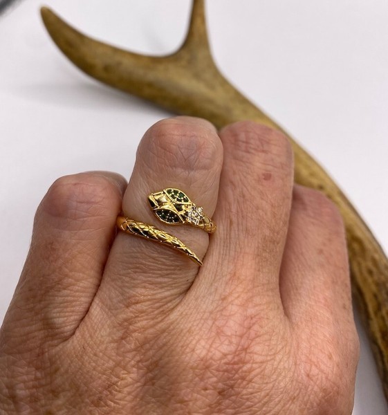 Alternate view of Gold Plated Snake Ring With Emerald Eyes Serpent Statement Jewelry