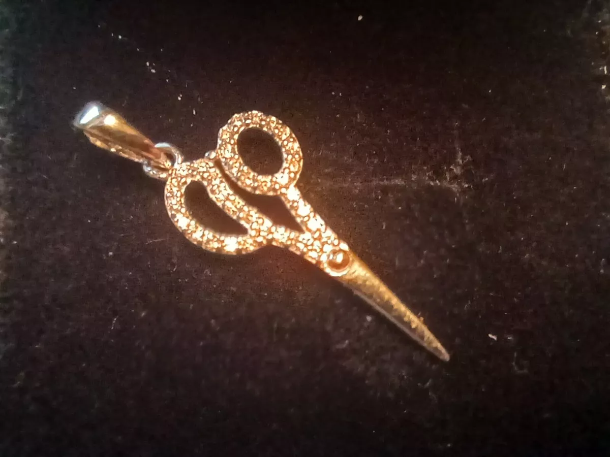 Sterling Silver 925 Scissors Charm CZ Stones Necklace Jewelry Hair