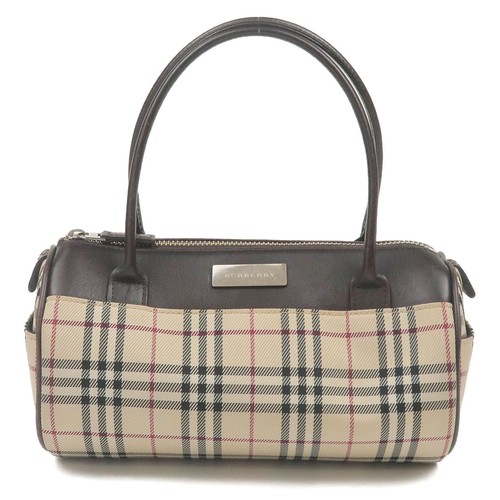 BURBERRY Nova Plaid Canvas Leather Mini Hand Bag Beige Brown Auth Used