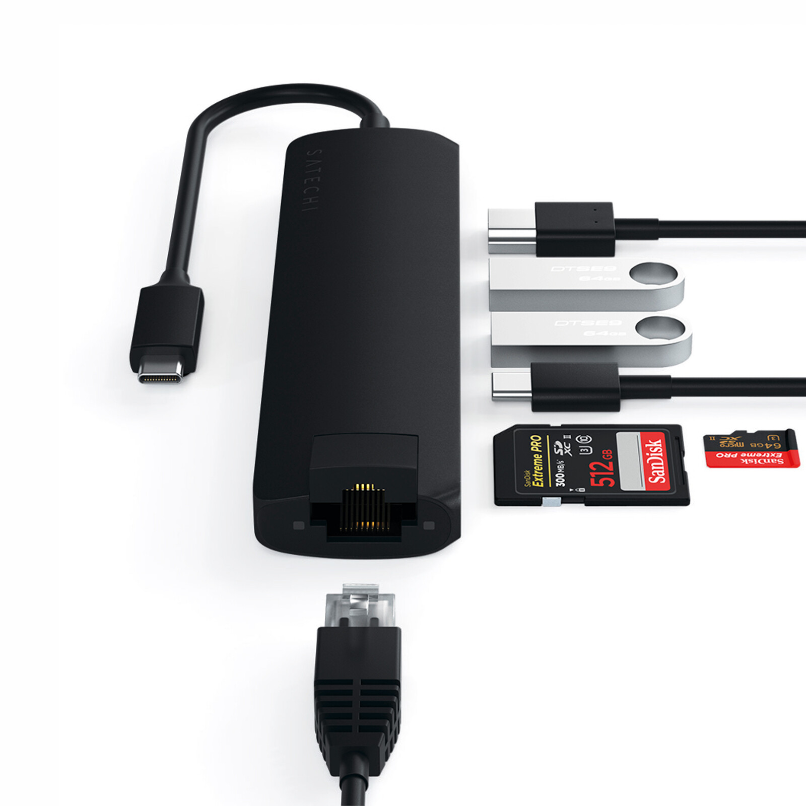 USB-C Hub to Ethernet, HDMI 4K, USB-C, 2 USB, Card-reader Satechi Black