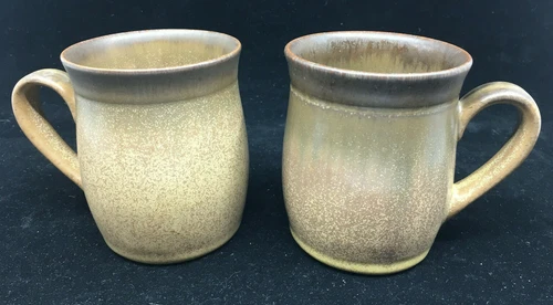2 Coffee Mugs Romany Brown Denby England Stoneware Drippy Yellow Glaze 19612 MCM