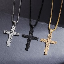Collana acciaio croce ritaglio albero della vita  amuleto preghiera uomo donna