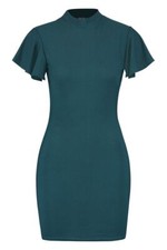 Emerald Green High Neck Frill Sleeve Dress