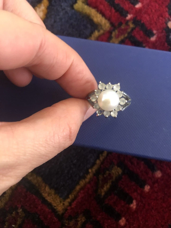 Stunning White Pearl w/ Simulated Diamond Accents Halo Design Size 8.5 - Image 3 of 4