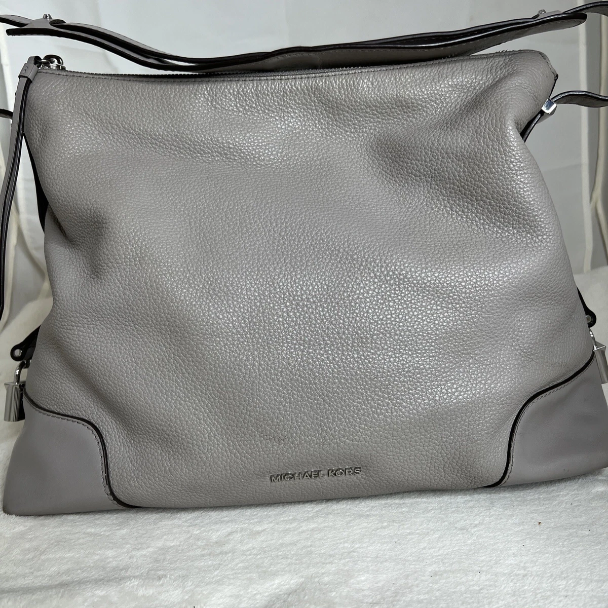 Michael Kors Large Pearl Grey Pebbled Leather Crosby Shoulder Bag