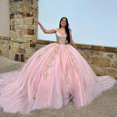 Pink Quinceanera Dresses Off The Shoulder with Appliques, Pink / 16