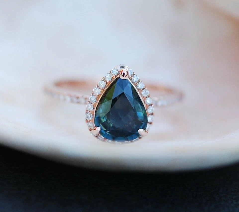 1ct Pear Cut Natural London Topaz & Moissanite Accent Ring 14k SOLID Rose Gold - Image 2 of 4