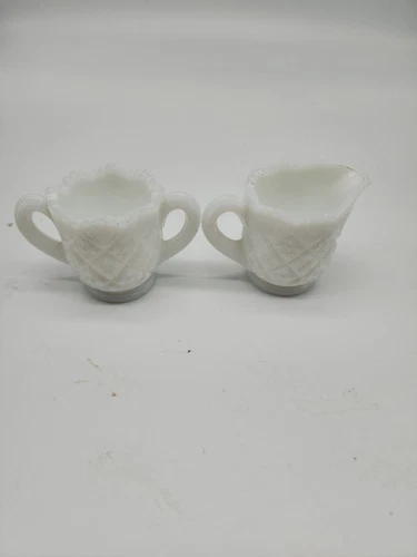 Vintage Miniature MILK GLASS Diamond Point Toy Sugar & Creamer, Westmoreland