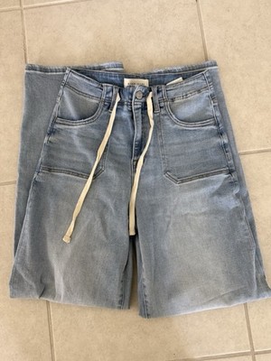 RISEN Women's Blue Light Wash Denim Straight Jeans Mid Rise 5-Pocket Button Logo