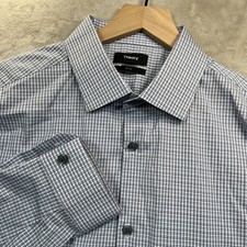 Theory Shirt Mens 17R Slim Fit Blue Plaid Button Down Cotton Nylon Stretch