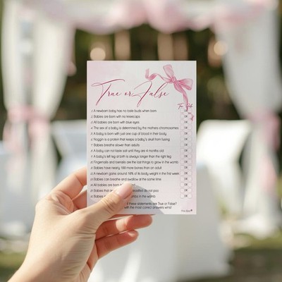 Baby Shower Game - Pink Bow True or False, Girl, Ribbon, Quiz, 10-40 Players