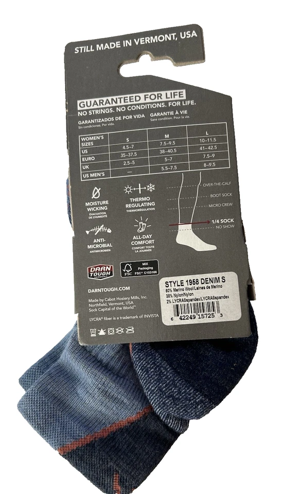 Darn Tough 1958 Dusk Denim Women's Hiker 1/4 Midweight Hiking Sock Casual S/P - Image 2 of 3