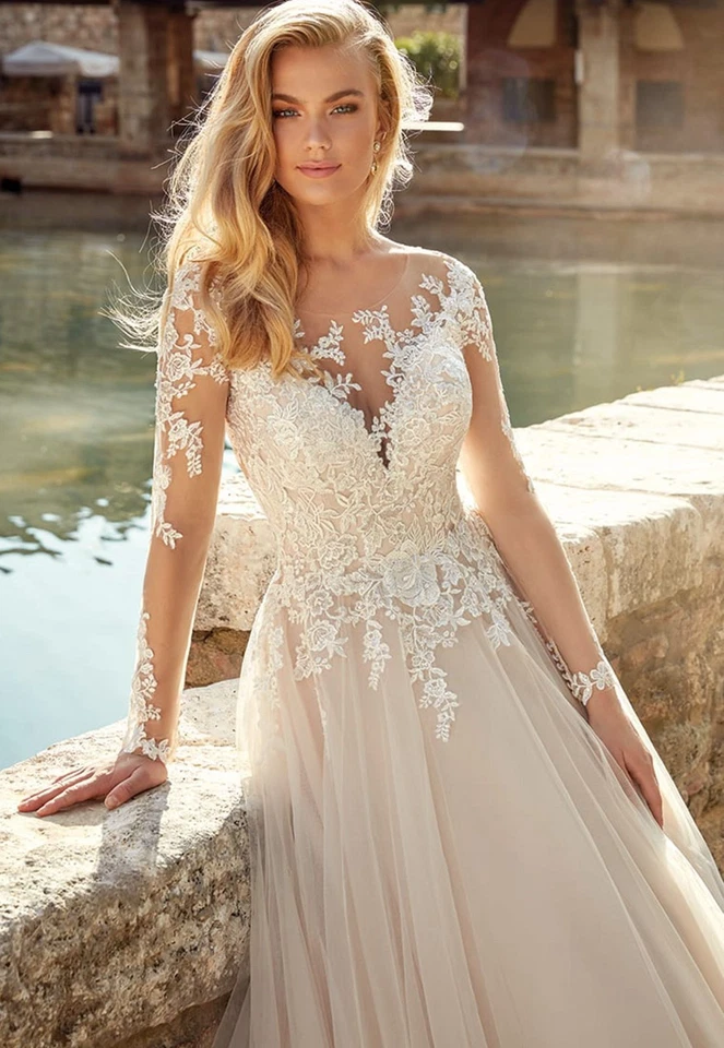 Traumhaftes Floral Brautkleid Hochzeitskleid Maßanfertigung 32-60 Langarm Knöpfe - Bild 3 von 4