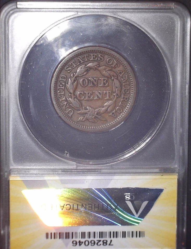 1848 Large Cent, ANACS VF35, Repunched Date, Issue Free - Image 3 of 3