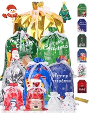 Christmas Gift Bags, 30Pcs Xmas Drawstring Wrapping Gift Bags with Tags 5 Ass...
