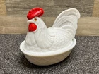 Vintage Westmoreland Milk Glass Chicken Hen on Nest 9" Covered Dish White Red