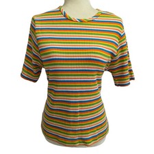 Sunny Sport Vintage 90s Rainbow Striped Ribbed Knit Tee Shirt Made in USA Large